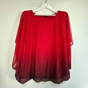 Sara Michelle Women Plus Size 3X Red & Black Ombre Glitter Poncho Top Blouse New